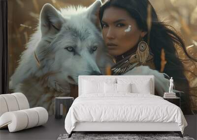 Beautiful wild native American woman with white wolf Wall mural