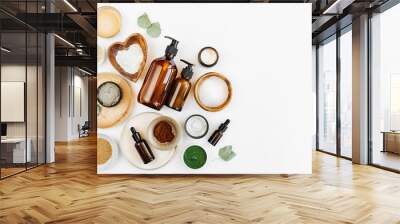 Beauty treatment ingredients for making homemade skin care cosmetic mask. Various bowl with clay, cream, essential oil and natural ingredients  on white table background. Organic spa cosmetic products Wall mural