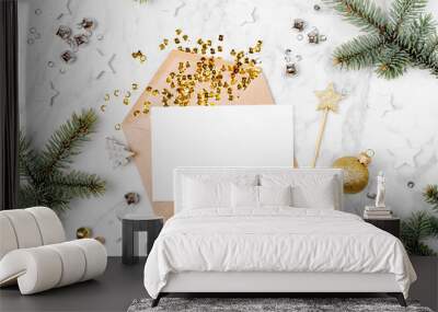 Blank card with golden streamers and sparkles. holiday mockup. Christmas concept. Flat lay, top view Wall mural