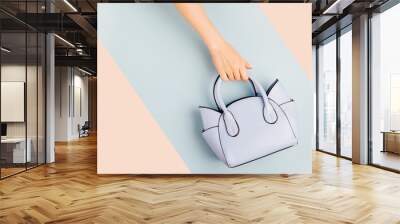 Female hands holds handbag on blue background . Flat lay, top view. Spring fashion concept in pastel colored Wall mural