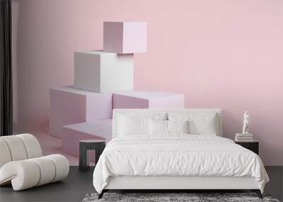 Geometric shapes podium for product display. Monochrome platform on pink background. Stylish background for presentation. Minimal style. Wall mural