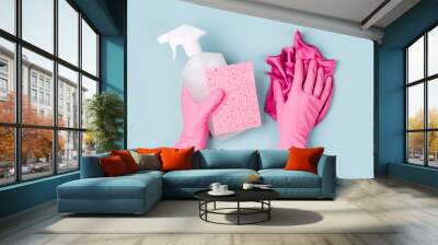 Hands in pink gloves hold detergents. Cleaning or housekeeping concept background. Copy space. Flat lay, Top view. Wall mural