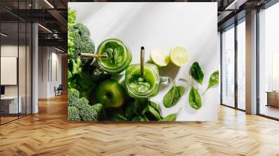 Healthy breakfast with green smoothie. Detox and diet  concept. Vegetarian food. Wall mural