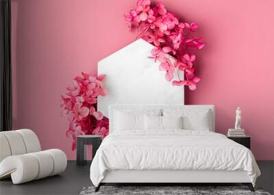 Marble  hexagon on pink background with flowers. Stylish background for presentation. Wall mural