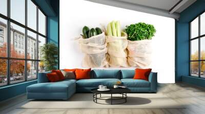 Organic vegetables and fresh green in reusable produce bags. Sustainable lifestyle. Plastic free concept. Flat lay, top view Wall mural