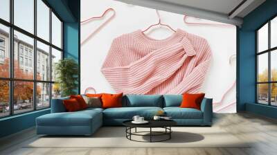 Pale pink knitted sweater with metallic hangers on white background. Autumn and winter clothes. Store, sale, fashion concept. Wall mural