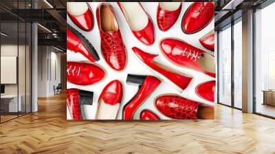 Stylish female spring or autumn shoes in red colors. Beauty and fashion concept. Flat lay, top view Wall mural