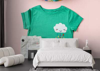 Summer panama with t-shirt and trousers. Baby clothes and accessories for spring  or summer. Fashion kids outfit. Flat lay, top view Wall mural