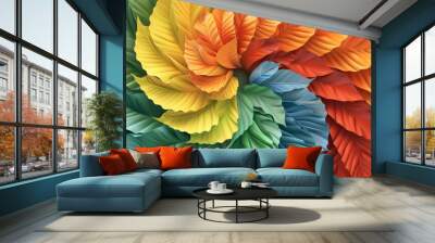 Abstract leaves form a vibrant background, a colorful display of plant textures. Nature's art in design, a depiction of green leaves. Wall mural