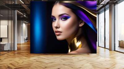 Girl flaunts stylish makeup and hair. Artistic background enhances the allure. Wall mural