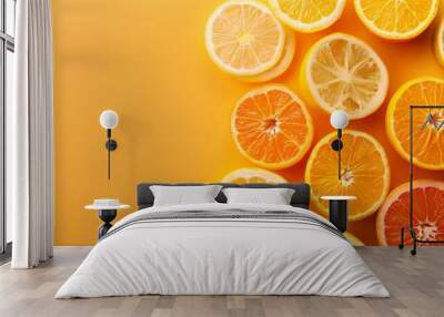 Juicy fruit mix on a colorful background. A delicious and refreshing food selection. Wall mural