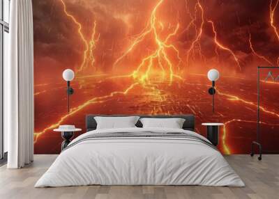 The abstract beauty of a lightning storm captivates. Dark clouds and rain enhance the scene's drama. Wall mural