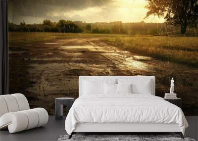 Thunderstorm showcases an abstract power. Lightning and rain fill the dark, stormy sky. Wall mural