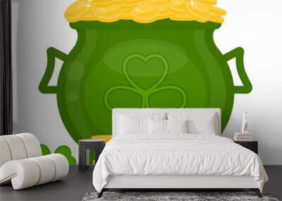 St Patrick's Day green leprechaun cauldron with gold coins and clover leaf isolated on white background. Vector illustration of Irish holiday symbol Wall mural