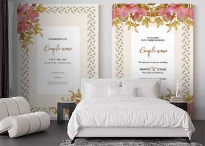 WEDDING INVITATION FRAME WITH FLOWER DECORATIONS AND FRESH LEAVES  Wall mural