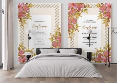 WEDDING INVITATION FRAME WITH FLOWER DECORATIONS AND FRESH LEAVES  Wall mural