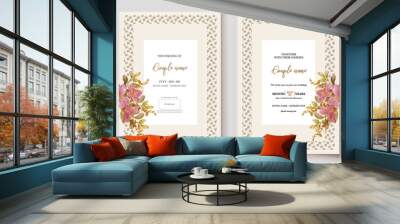 WEDDING INVITATION FRAME WITH FLOWER DECORATIONS AND FRESH LEAVES  Wall mural