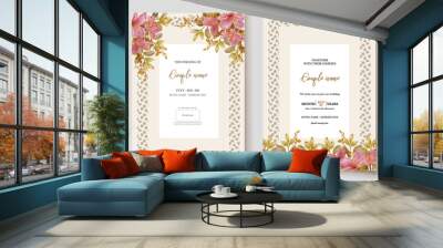 WEDDING INVITATION FRAME WITH FLOWER DECORATIONS AND FRESH LEAVES  Wall mural