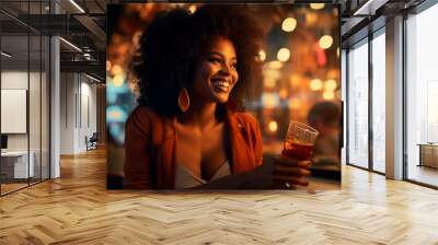 African American black woman drinking a beer at a night bar Wall mural