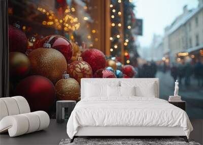 christmas ornaments elegant and decorations on a snowy winter street with warm lights on christmas eve Wall mural