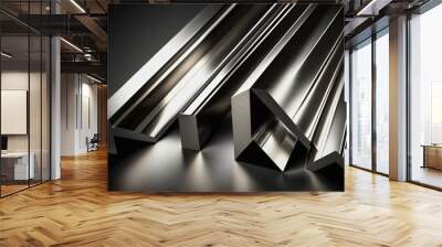  Stainless steel angles or bars. Bright light. Dark background. Generative AI Wall mural