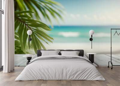  Summer vacation background.  White wood table with seascape and palm leaves, blur bokeh light of calm sea and sky at tropical beach background. Generative AI Wall mural