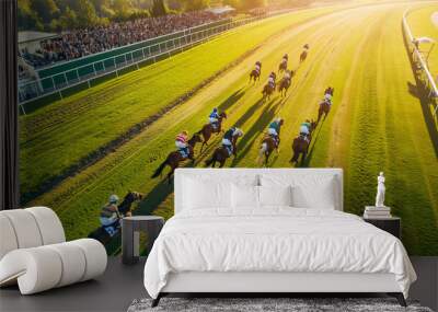 A group of horses are racing on a track with a large crowd watching. The horses are running in a straight line, with some of them closer to the front and others further back. The atmosphere is lively Wall mural