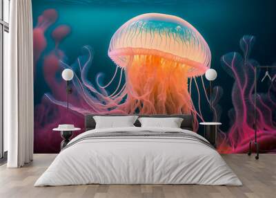 Beautiful jellyfish shining in the ocean. Generative AI Wall mural