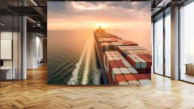 Container ship that transports containers in import and export. Global business freight forwarding, commercial trade, logistics and overseas shipping around the world by container ship. Generative AI Wall mural