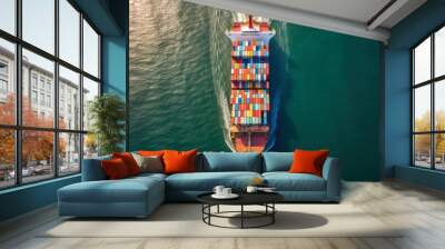 Container ship that transports containers in import and export. Global business freight forwarding, commercial trade, logistics and overseas shipping around the world by container ship. Generative AI Wall mural