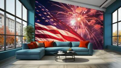 Fireworks in the colors of the USA flag. National celebration, July 4. Celebration United States of America. Generative AI Wall mural