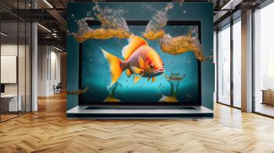 Laptop screen with the image of an orange fish that splashes water off the screen. Blue background. Generative AI Wall mural