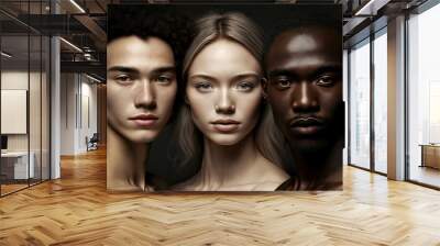 Portrait of multi-ethnic group of 3 beautiful young People. . Generative AI Wall mural