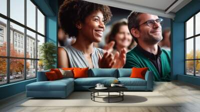 a black woman and a white man applauding at a conference joyful celebration of nature figurative portraits selective focus Wall mural