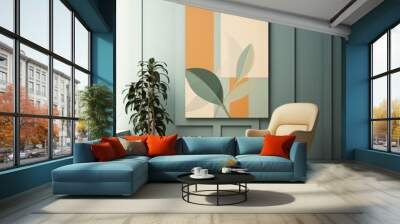 a large canvas depicting a scene of beige plants and green artwork has a chair to match, modern geometrics, light orange and light aquamarine, rounded forms, retro, layered textures and patterns Wall mural