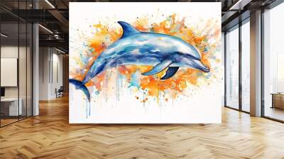 a watercolor painting of a dolphin splashed with blue coloring, dark orange and light aquamarine, perceptive, shaped canvas Wall mural