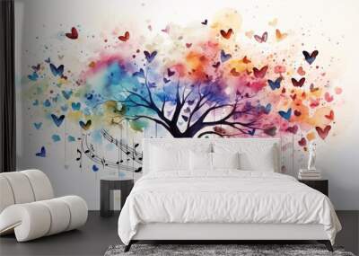 A watercolor tree with musical notes and hearts Wall mural