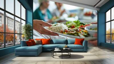 Close up of hospital food being served to an elderly woman in bed Wall mural