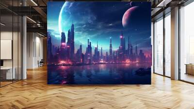 Retro wave cyberpunk wallpaper of a city with vibrant blue violet cyan colors and lights at night, big moon and worlds on the background Wall mural