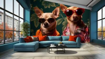 two dogs wearing sunglasses and a patterned shirt,  light orange and magenta, photographically detailed portraitures, green, chinapunk, leather, glamorous, fawncore  Wall mural