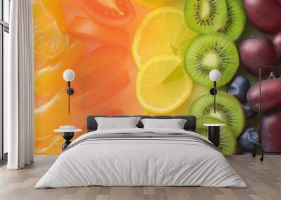 A colorful rainbow of fruit and vegetables arranged in rainbow colors, fruit background Wall mural