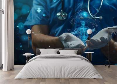 A doctor is holding an xray hologram of a human in his hands Wall mural