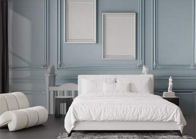 Classic Nursery with White Crib, Two Empty Mock-up poster Frames, and Blue Walls in Natural Light Wall mural