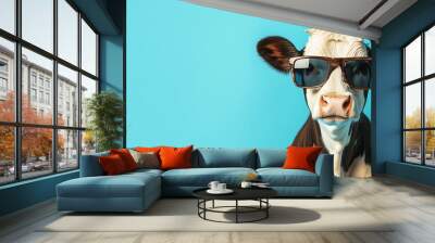 Cool Cow Wearing Sunglasses Against a Bright Blue Background for a Fun and Quirky Portrait Wall mural