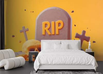 Halloween-Themed Gravestone with RIP and Skulls in a Minimalistic Cartoon Style Against an Orange Background Wall mural