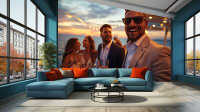 Man taking a selfie at a boat party capturing a happy moment Wall mural