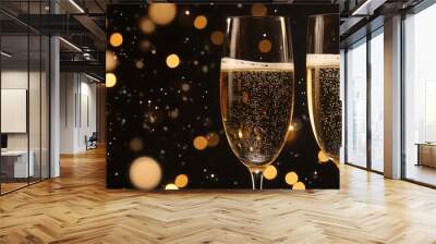 Two Champagne Glasses with Bubbly Champagne and Bokeh Lights in the Background Wall mural