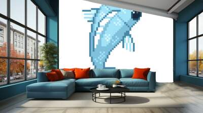 An 8-bit retro-styled pixel-art illustration of a blue fish. Wall mural