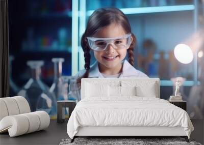 Cute little girl doing science experiments in the laboratory. Education concept Wall mural