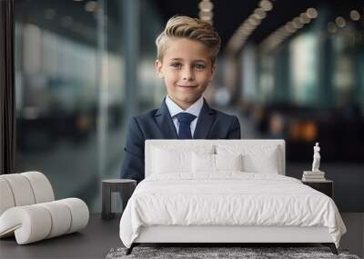 Portrait of a cute little boy in a business suit standing with his arms crossed Wall mural